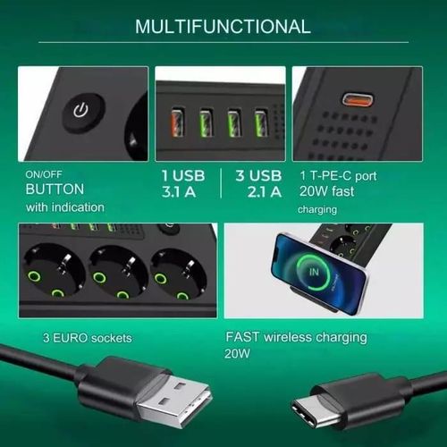 Produžni toranj sa USB priključcima i bežičnim punjenjem